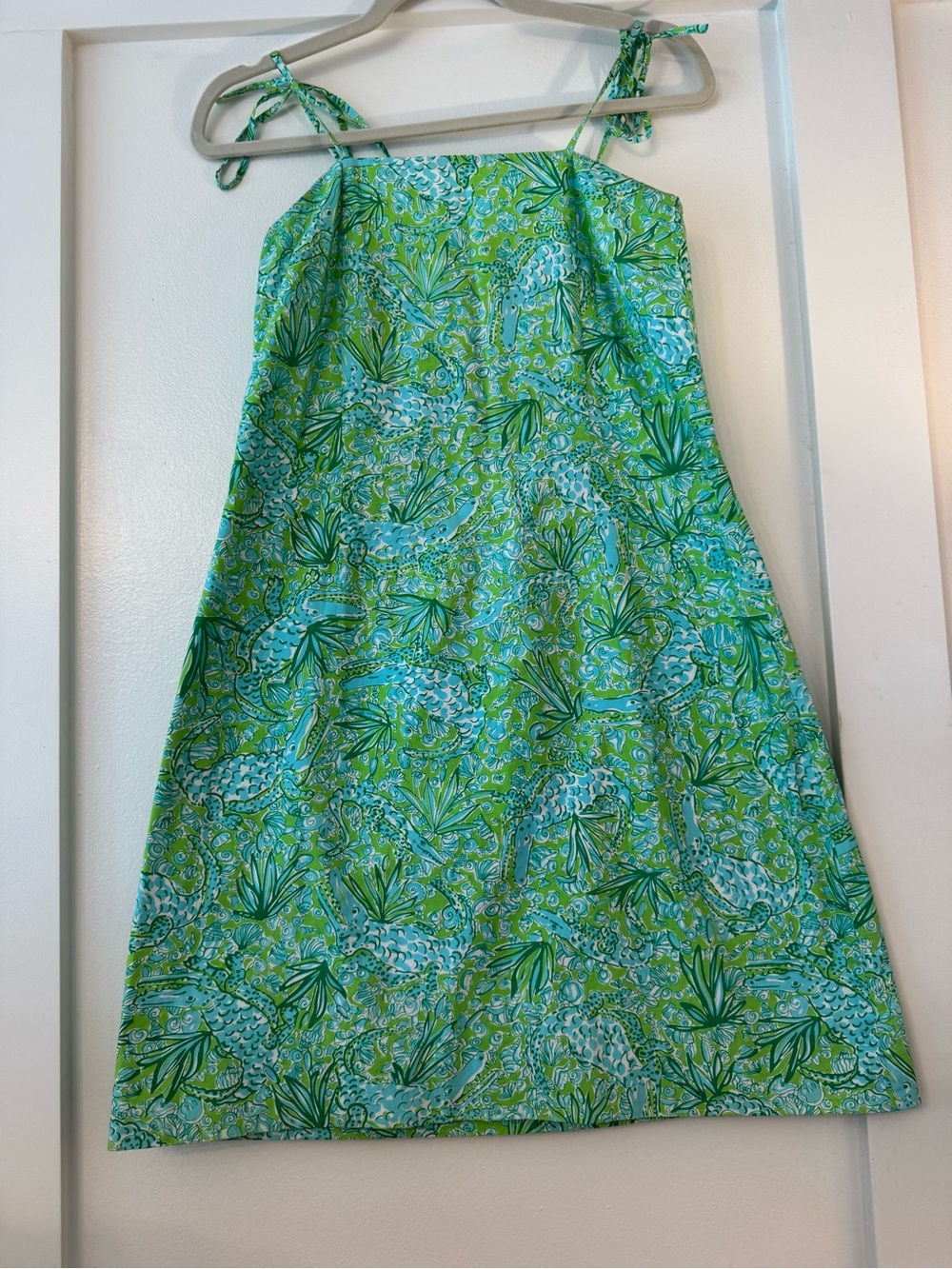 Lilly Pulitzer Aqua/Green Alligator Print Sz 8 Tie Spaghetti Strap Mini Dress